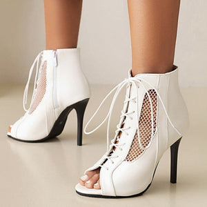 Dacing booties sexy mesh hollow peep toe lace-up booties Latin ballroom sandals