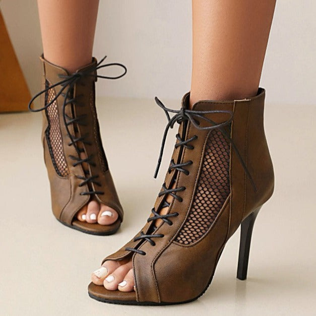 Dacing booties sexy mesh hollow peep toe lace-up booties Latin ballroom sandals