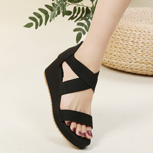 Elastic criss cross strap wedge sandals with back zipper