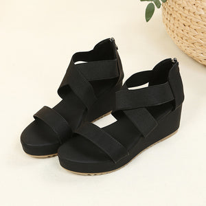 Elastic criss cross strap wedge sandals with back zipper