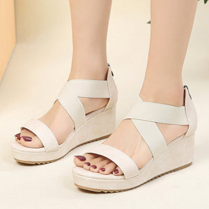 Elastic criss cross strap wedge sandals with back zipper