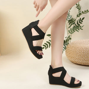 Elastic criss cross strap wedge sandals with back zipper