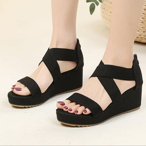 Elastic criss cross strap wedge sandals with back zipper