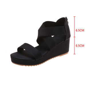 Elastic criss cross strap wedge sandals with back zipper