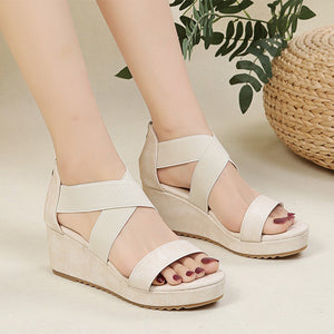 Elastic criss cross strap wedge sandals with back zipper