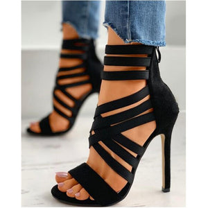 Women's black elastic strappy high heel sandals for parties, weddings, evening events