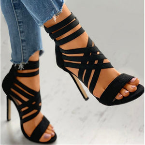 Women's black elastic strappy high heel sandals for parties, weddings, evening events