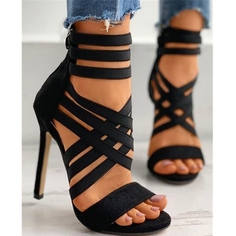 Women's black elastic strappy high heel sandals for parties, weddings, evening events