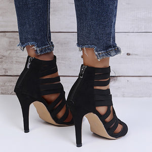Women's black elastic strappy high heel sandals for parties, weddings, evening events
