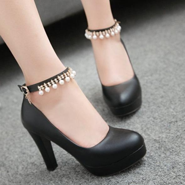 Elegant platform chunky heels pumps with pearls ankle strap