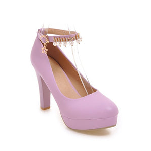 Elegant platform chunky heels pumps with pearls ankle strap