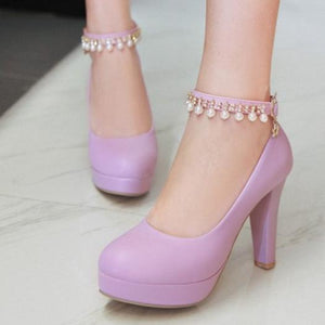 Elegant platform chunky heels pumps with pearls ankle strap