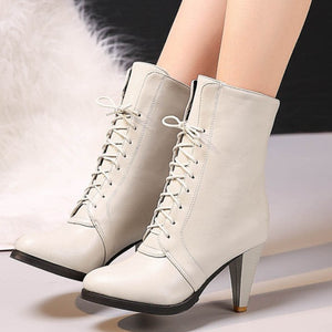 Elegant round toe mid calf boots with mid kitten heels