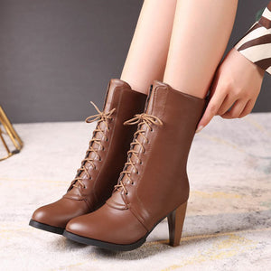 Elegant round toe mid calf boots with mid kitten heels