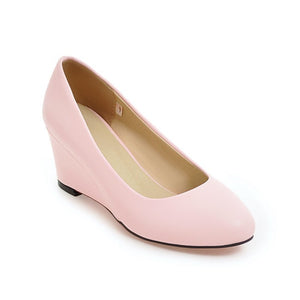 Elegant round toe office daily wedge pumps