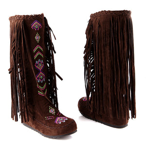 Embroidery knee high fringe boots