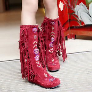 Embroidery knee high fringe boots