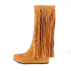 Embroidery knee high fringe boots