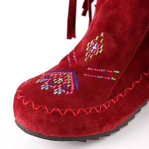 Embroidery knee high fringe boots