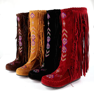 Embroidery knee high fringe boots