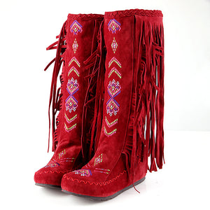 Embroidery knee high fringe boots