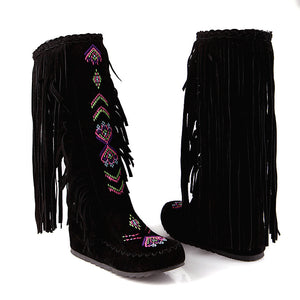 Embroidery knee high fringe boots