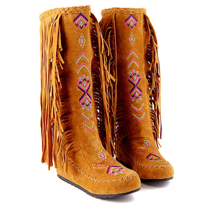 Embroidery knee high fringe boots