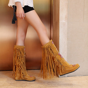 Embroidery knee high fringe boots