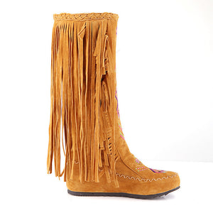 Embroidery knee high fringe boots