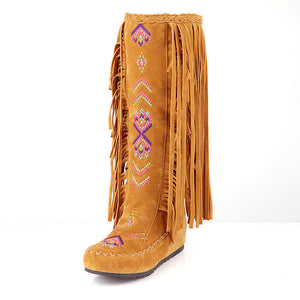 Embroidery knee high fringe boots