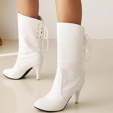 England style stiletto heel back tie-up mid calf boots