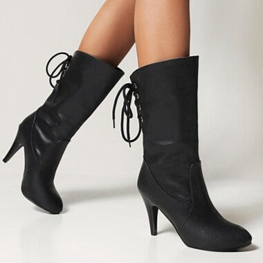 England style stiletto heel back tie-up mid calf boots