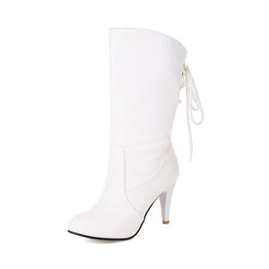 England style stiletto heel back tie-up mid calf boots