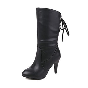 England style stiletto heel back tie-up mid calf boots