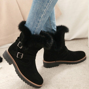 Faux fur lined fuzzy mid calf snow boots keep warm biker boots with buckles