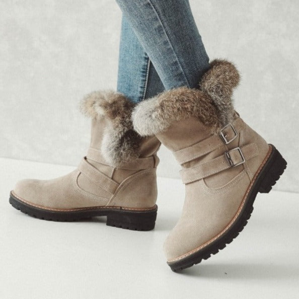 Faux fur lined fuzzy mid calf snow boots keep warm biker boots with buckles