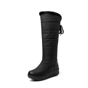 Faux fur lining down cloth under the knee snow boots back tie-up