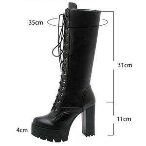 Faux leather chunky platform high heels mid calf combat boots