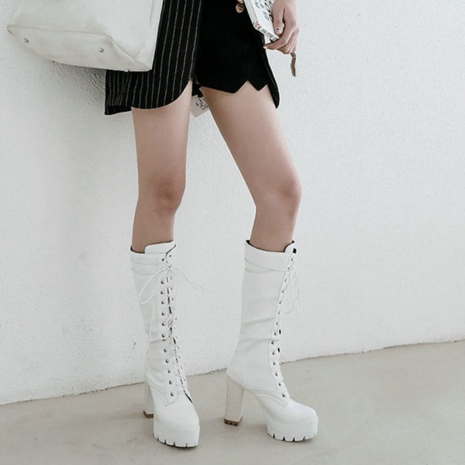 Faux leather chunky platform high heels mid calf combat boots