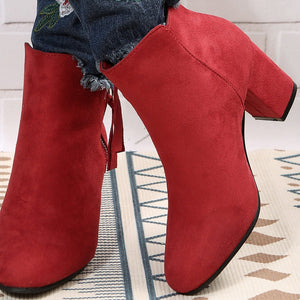 Faux suede chunky block heels ankle boots with side zipper