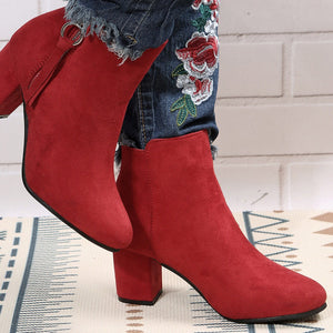 Faux suede chunky block heels ankle boots with side zipper