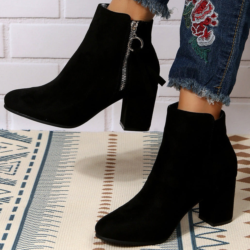 Faux suede chunky block heels ankle boots with side zipper