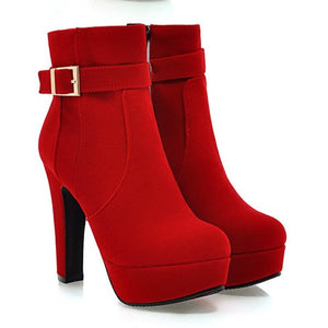 Faux suede chunky heels platform booties with buckle