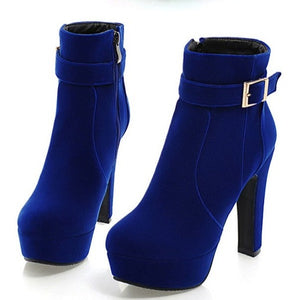 Faux suede chunky heels platform booties with buckle