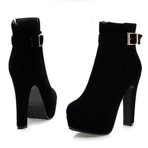 Faux suede chunky heels platform booties with buckle