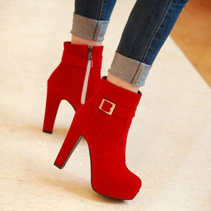 Faux suede chunky heels platform booties with buckle