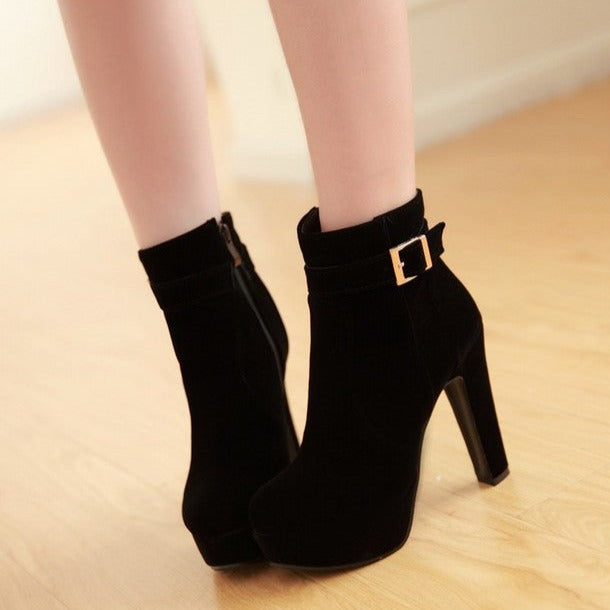 Faux suede chunky heels platform booties with buckle