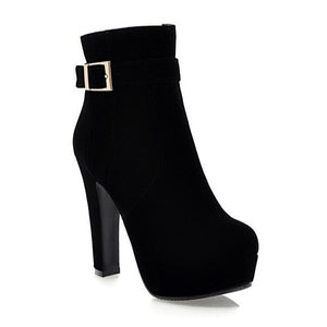 Faux suede chunky heels platform booties with buckle