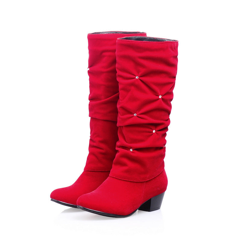 Faux suede crinkled rhinestone mid calf boots for Christmas