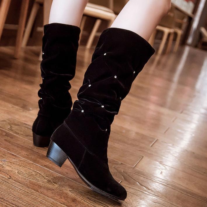 Faux suede crinkled rhinestone mid calf boots for Christmas